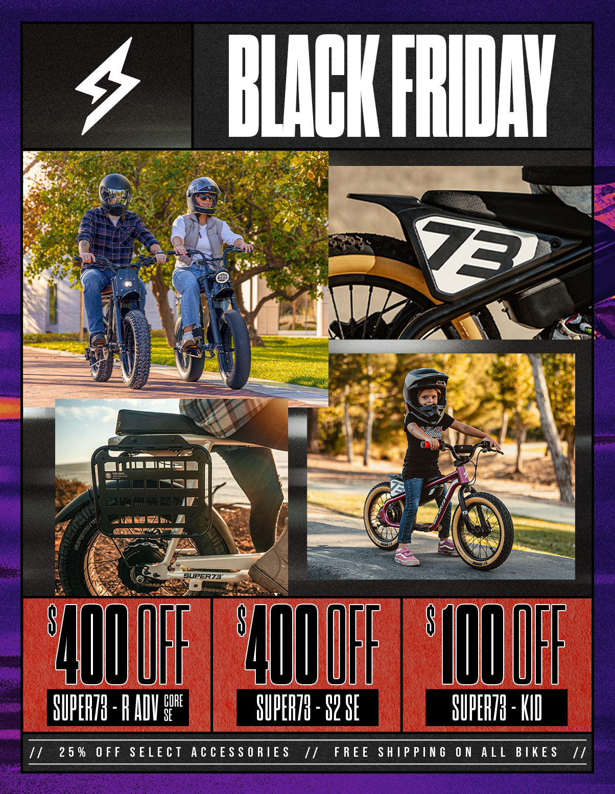 Promotional image detailing the Black Friday sale: $400 off the R Adventure Core and SE, $400 off the S2 SE, $100 off K1D, free shipping on all bikes, and 25% off select accessories.