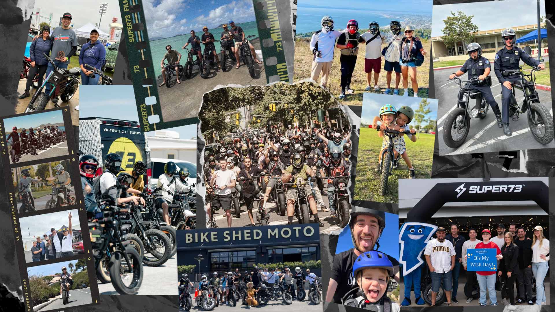 Collage of lifestyle images showing riders with their SUPER73 ebikes
