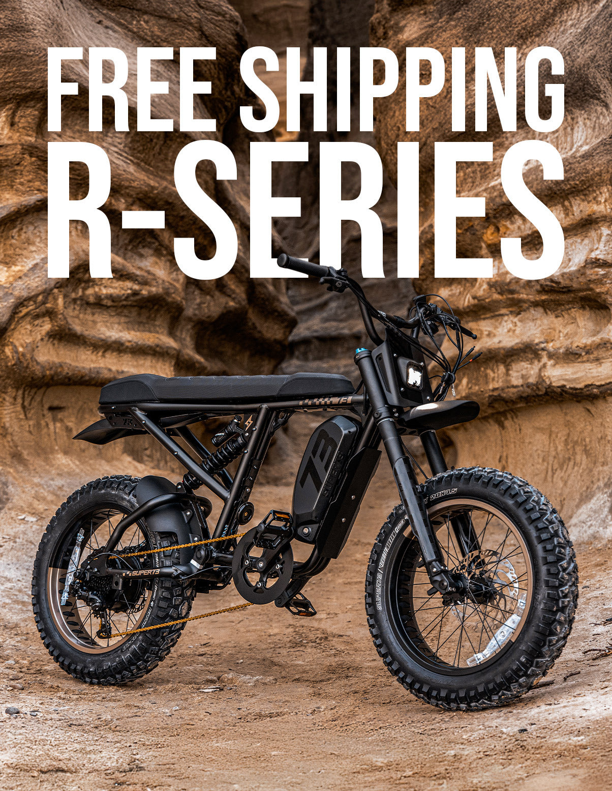 Get free shipping on all R-Series bikes for a limited time! Featuring the SUPER73-R Adventure Series SE in bandit.