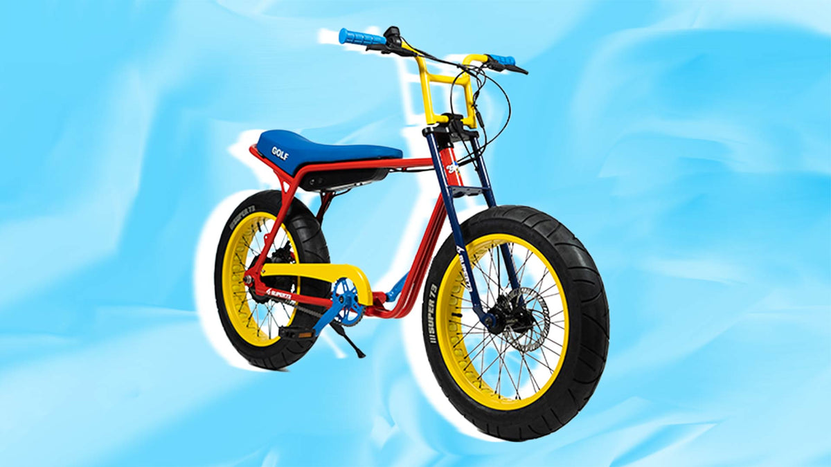 Super73 Golf halo custom ebike in offset blue wrinkly background