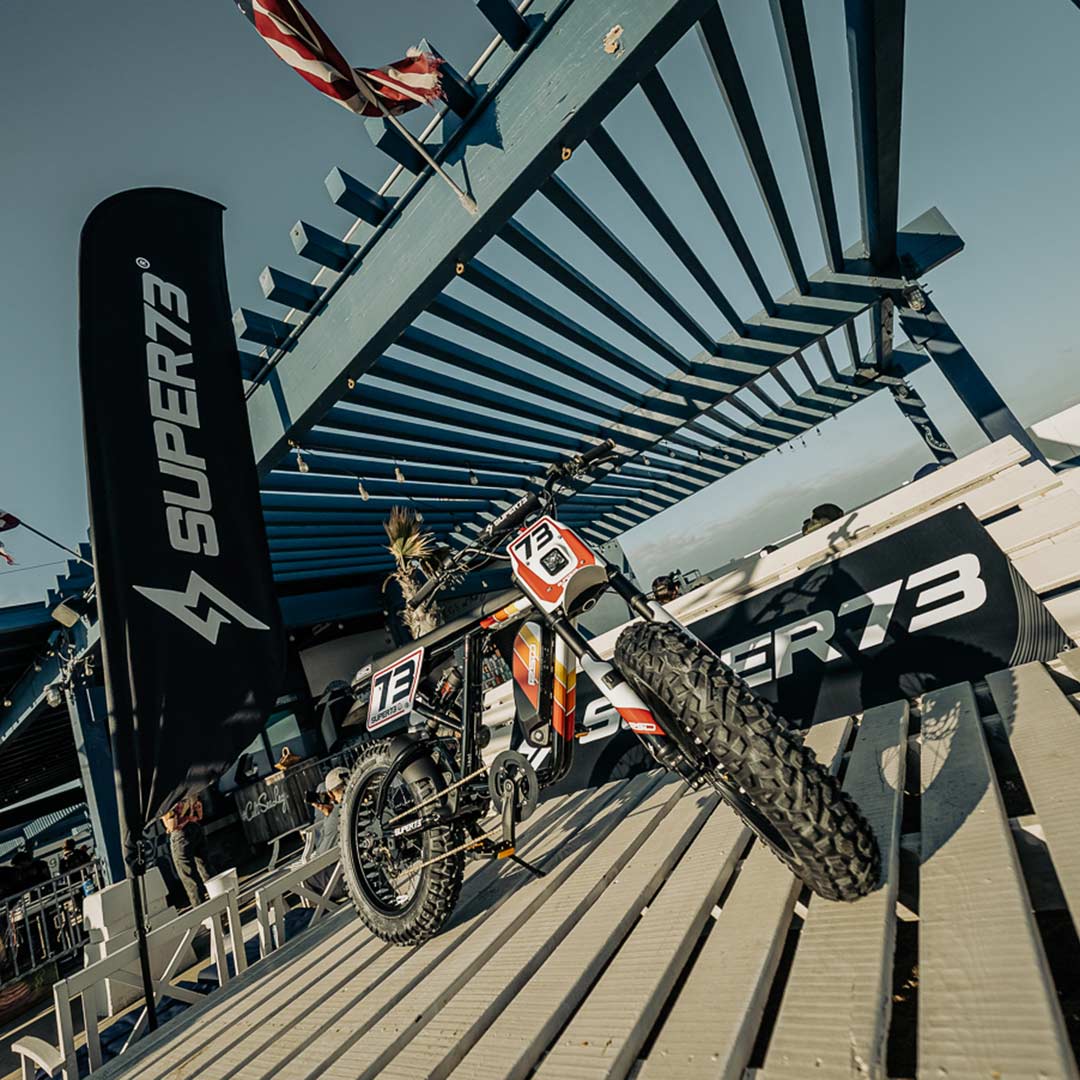 Style fisheye shot of Super73 RSD ebike parked at event