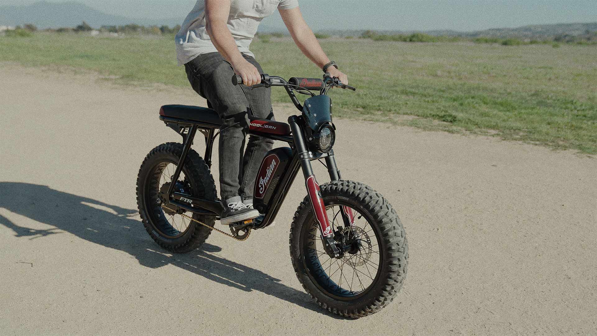 Super73 S2 Indian on dirt road going fast