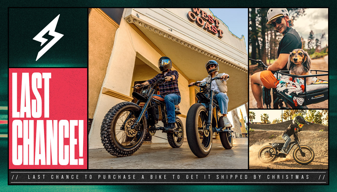 Lifestyle imagery collage of several riders on SUPER73 ebikes. A text overlay saying "Last chance to purchase a bike to get it shipped by Christmas"