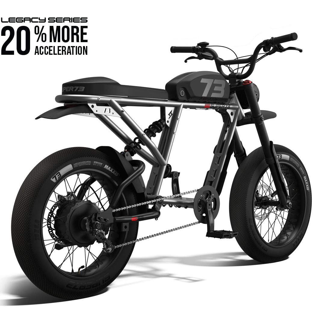 Rear view of the SUPER73-R Brooklyn SE Legacy Series ebike in metallic aluminum @color_metallic aluminum