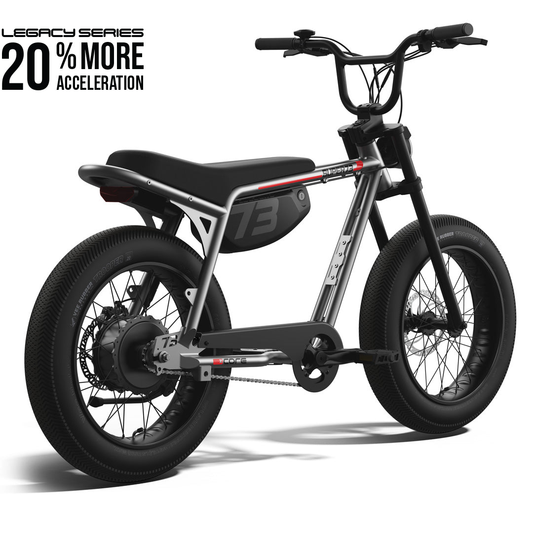 Rear view of the SUPER73-Z Miami Core Legacy Series ebike in metallic aluminum @color_metallic aluminum