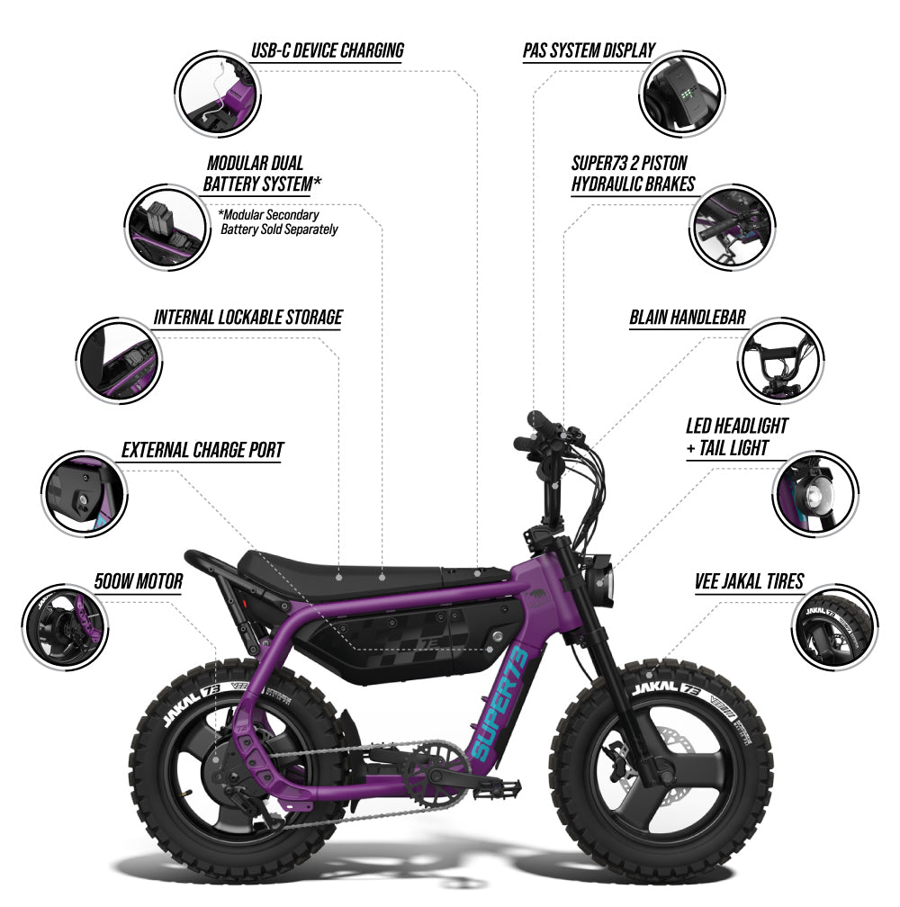Desktop view infographic detailing features of the SUPER73-MZFT ebike