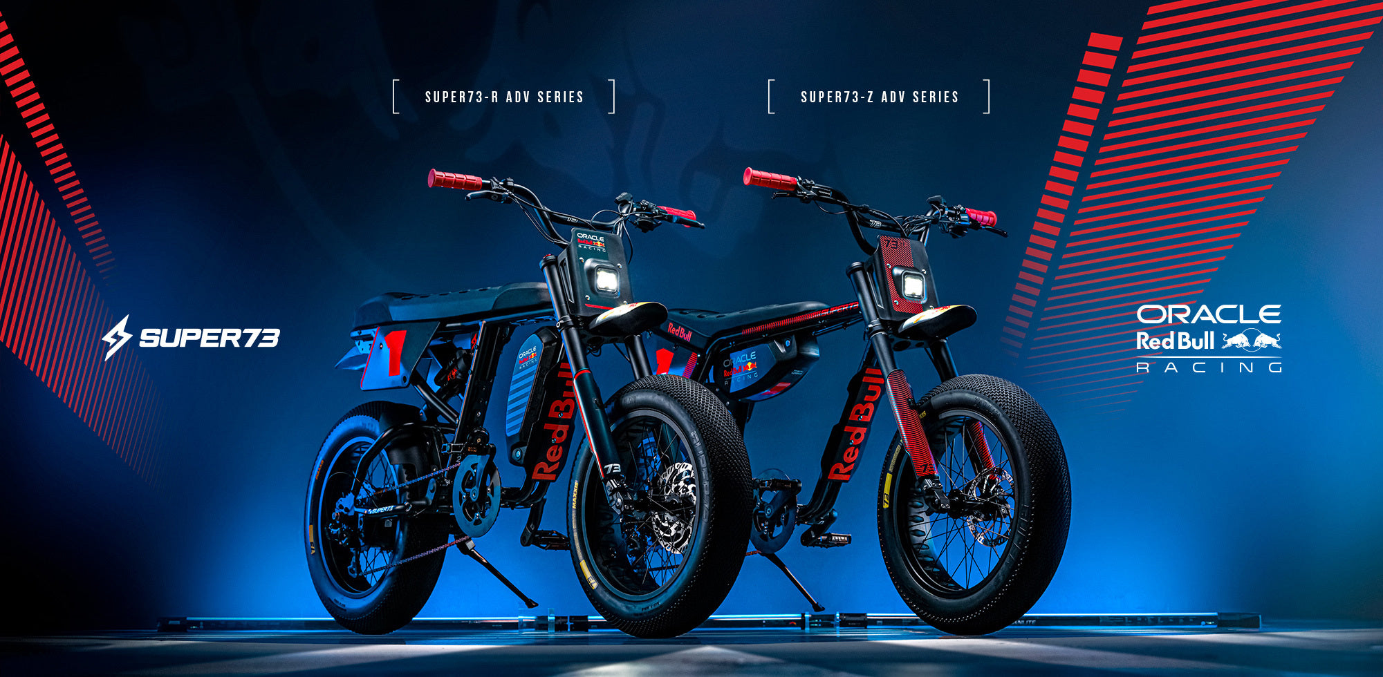 Stylized studio photo of the Oracle Red Bull Racing x SUPER73 R Adventure Series and Z Adventure Series ebikes.