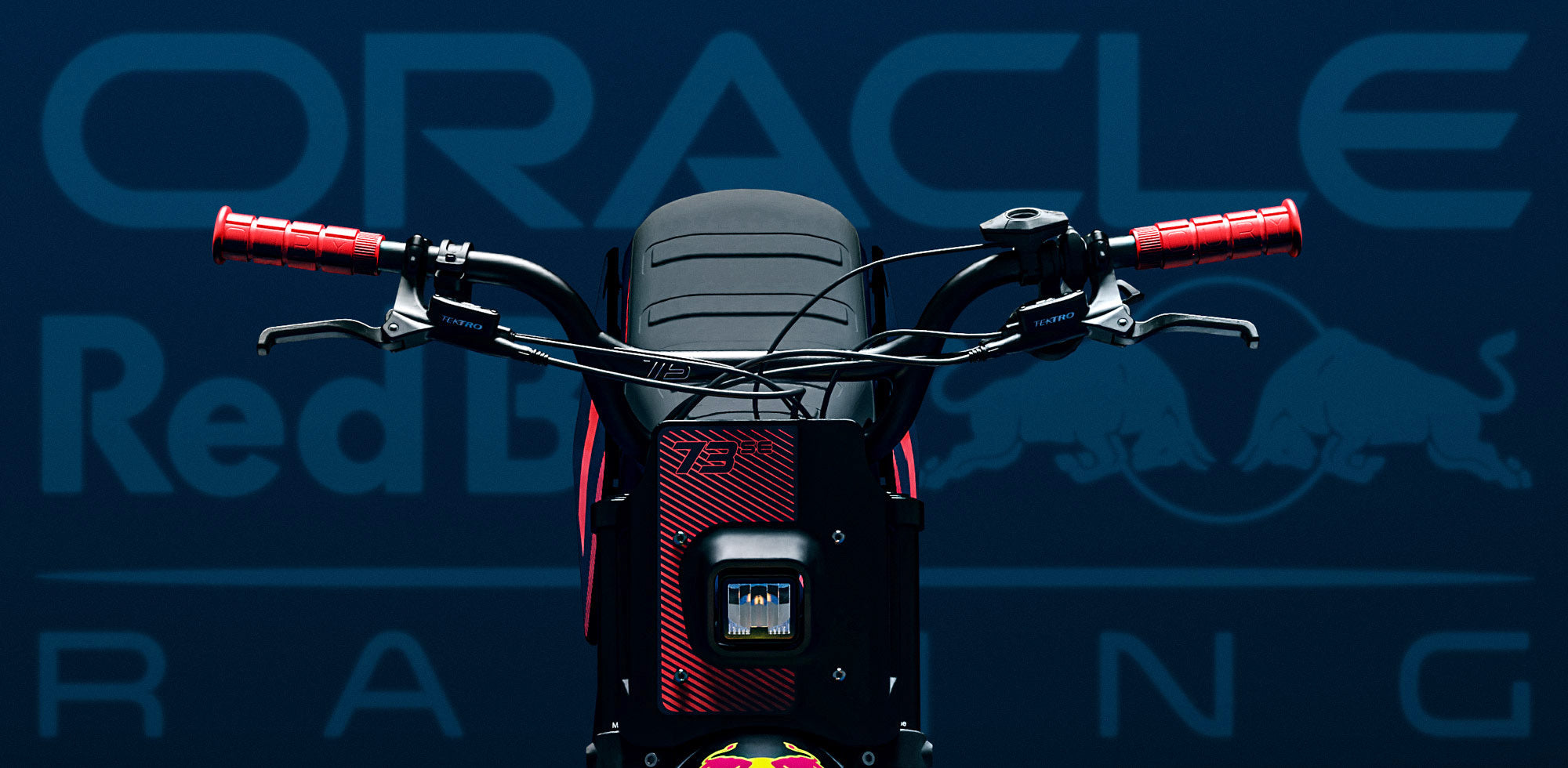 Stylized studio photo of the Oracle Red Bull Racing x SUPER73 Z Adventure Series ebike.