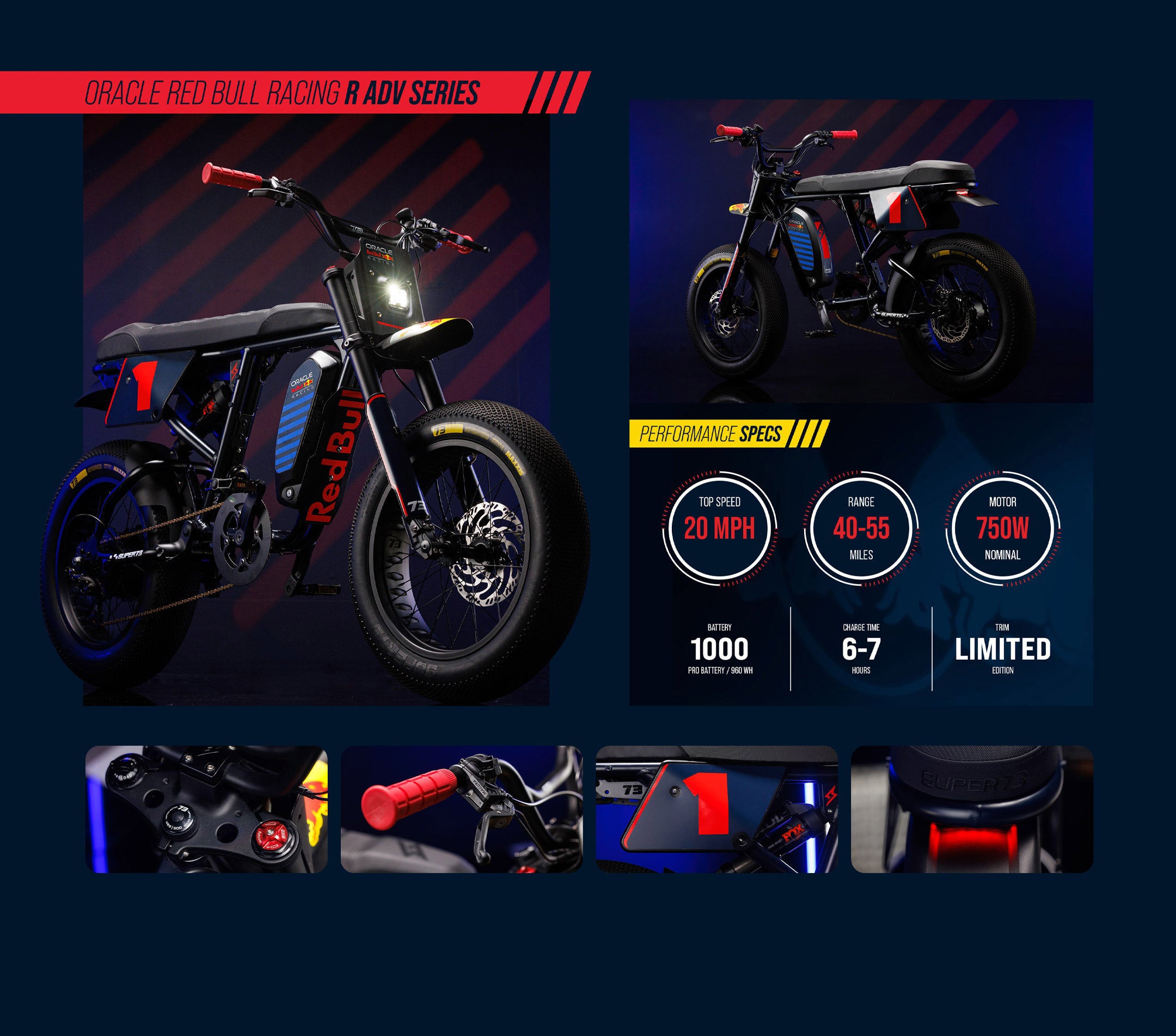 Infographic outlining specs and special features of the Oracle Red Bull Racing x SUPER73 R Adventure Series ebike