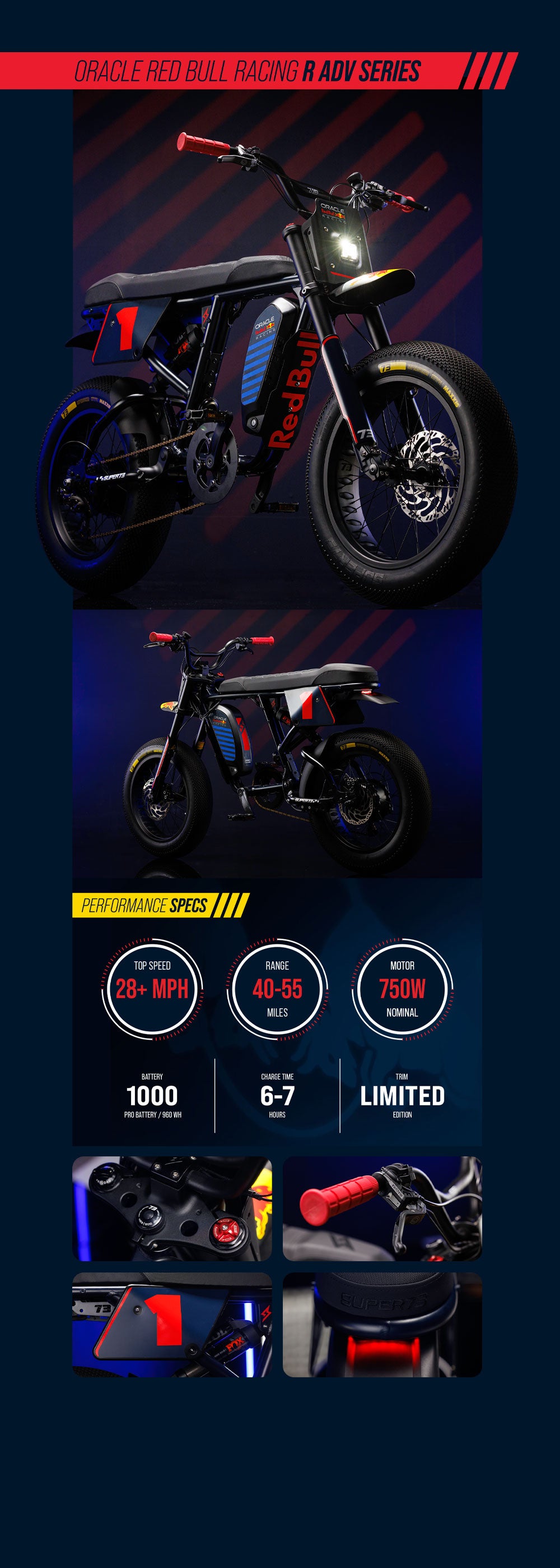 Infographic outlining specs and special features of the Oracle Red Bull Racing x SUPER73 R Adventure Series ebike