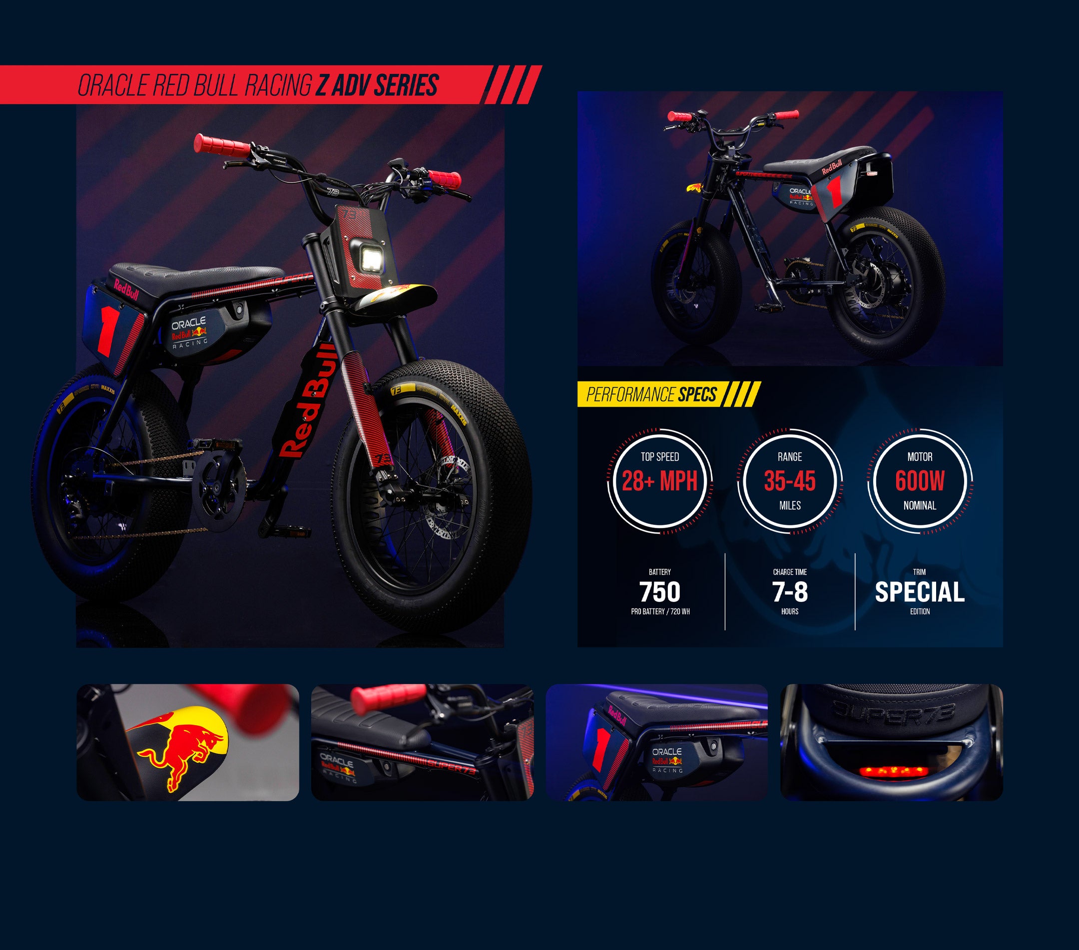 Infographic outlining specs and special features of the Oracle Red Bull Racing x SUPER73 Z Adventure Series ebike