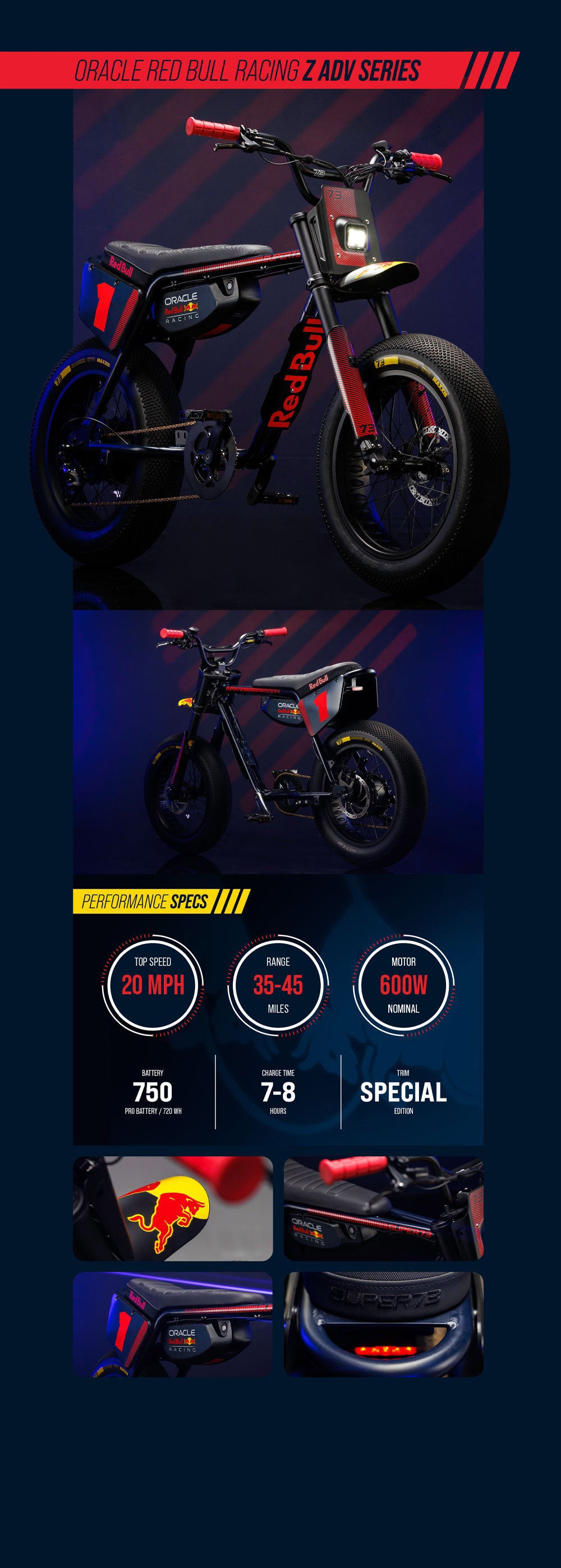 Infographic outlining specs and special features of the Oracle Red Bull Racing x SUPER73 Z Adventure Series ebike