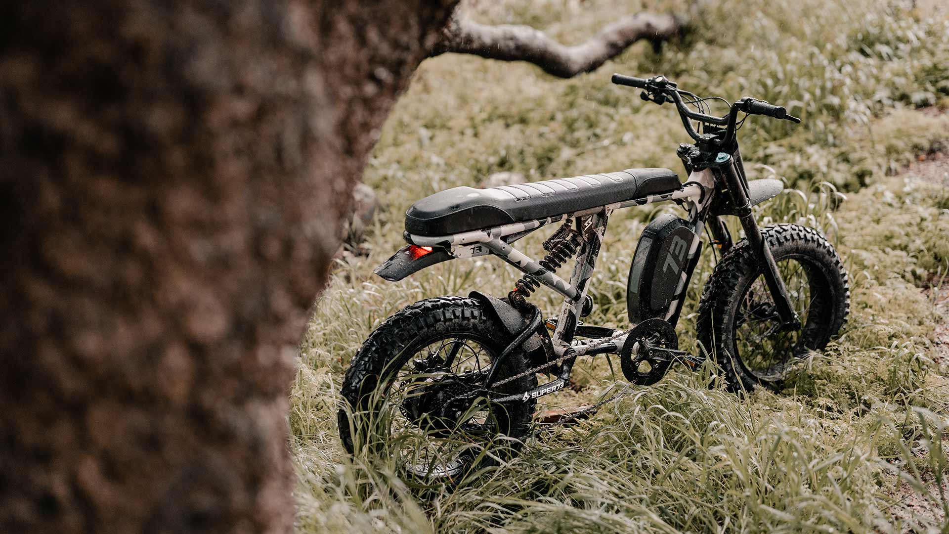 The Super73-R Adventure Series ebike displayed on long tall grass