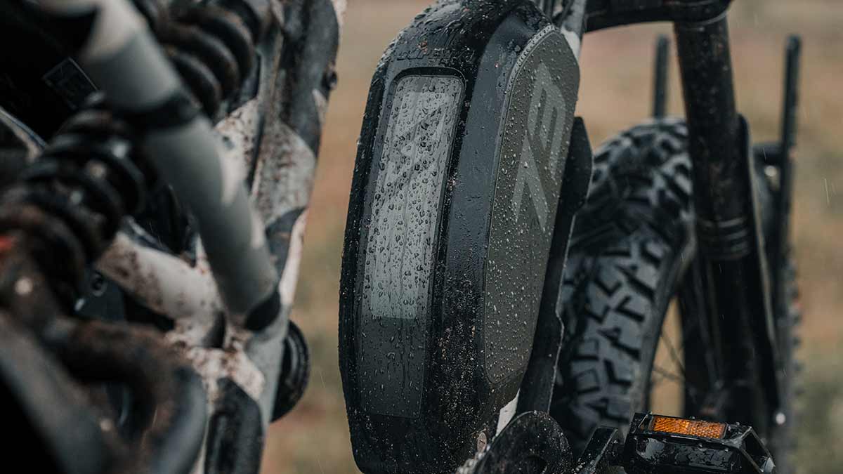 Closeup of the Super73-R Adventure Series ebike highlighting the repositioned battery