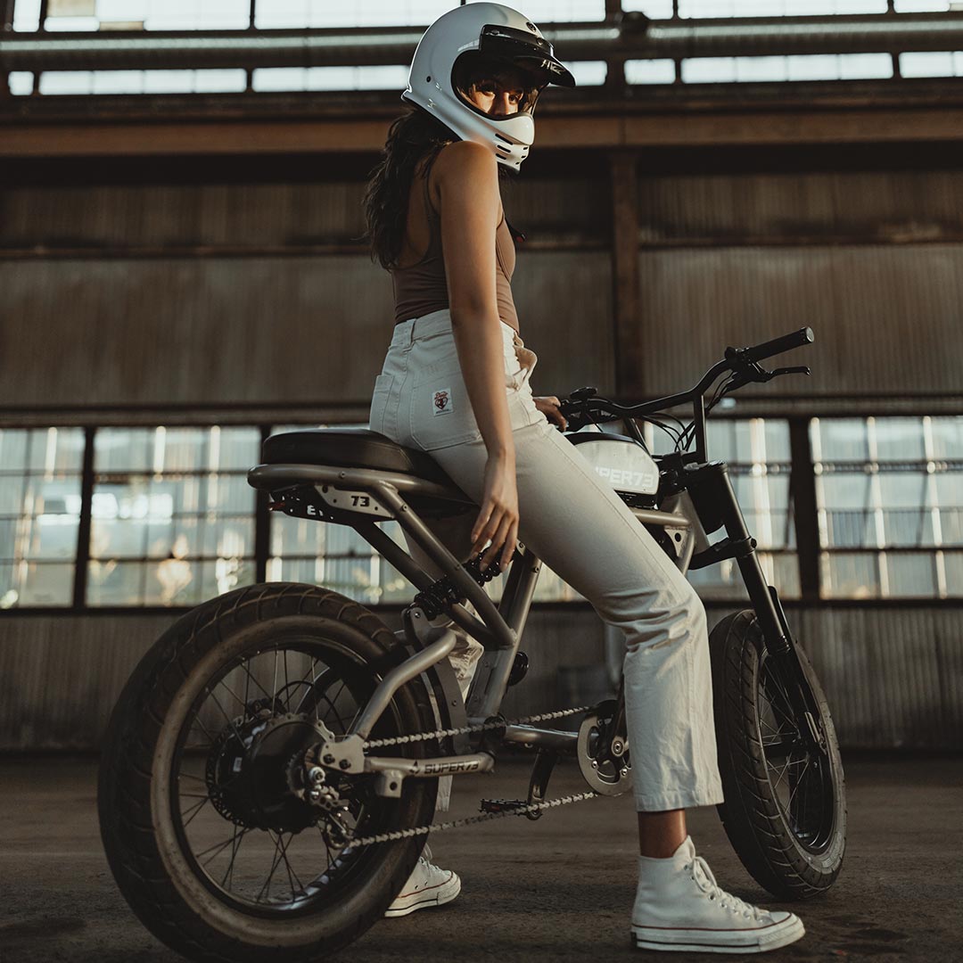 Rider in warehouse on Super73 R Brooklyn ebike