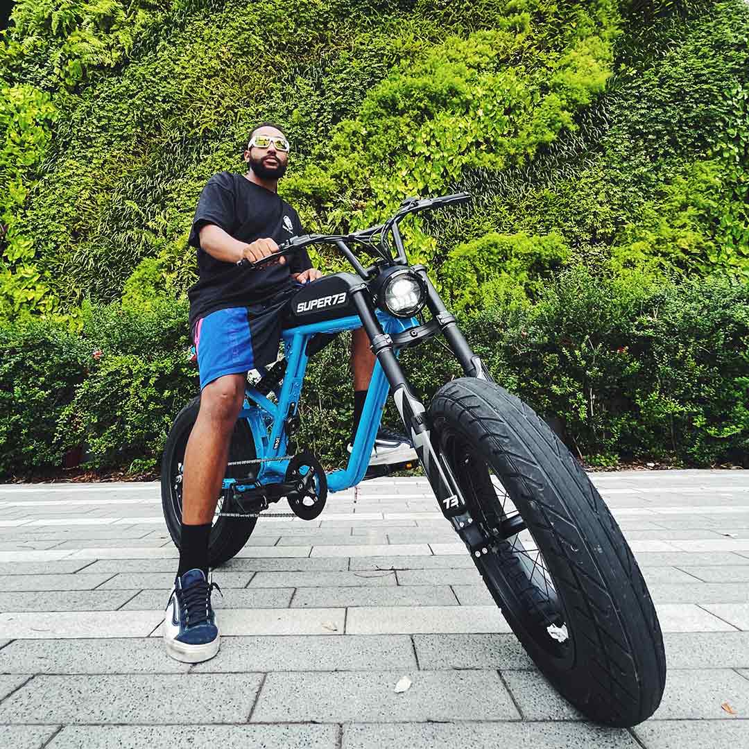 Distorted perspective image of blue Super73 R Brooklyn ebike
