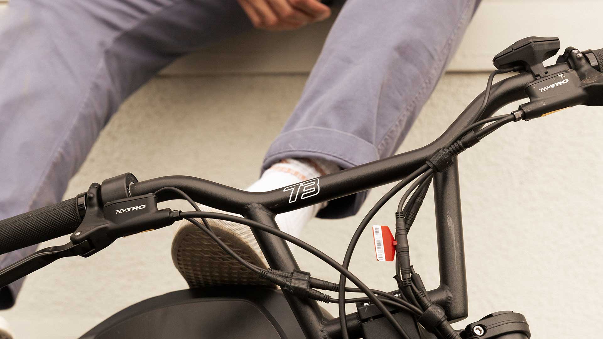 Closeup of the Super73 ebike handlebars where the smart display controller is located