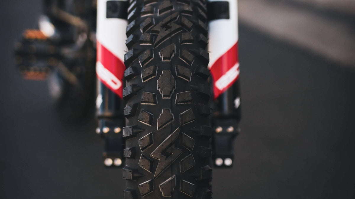 Closeup of Super73 RSD ebike GRZLY tires