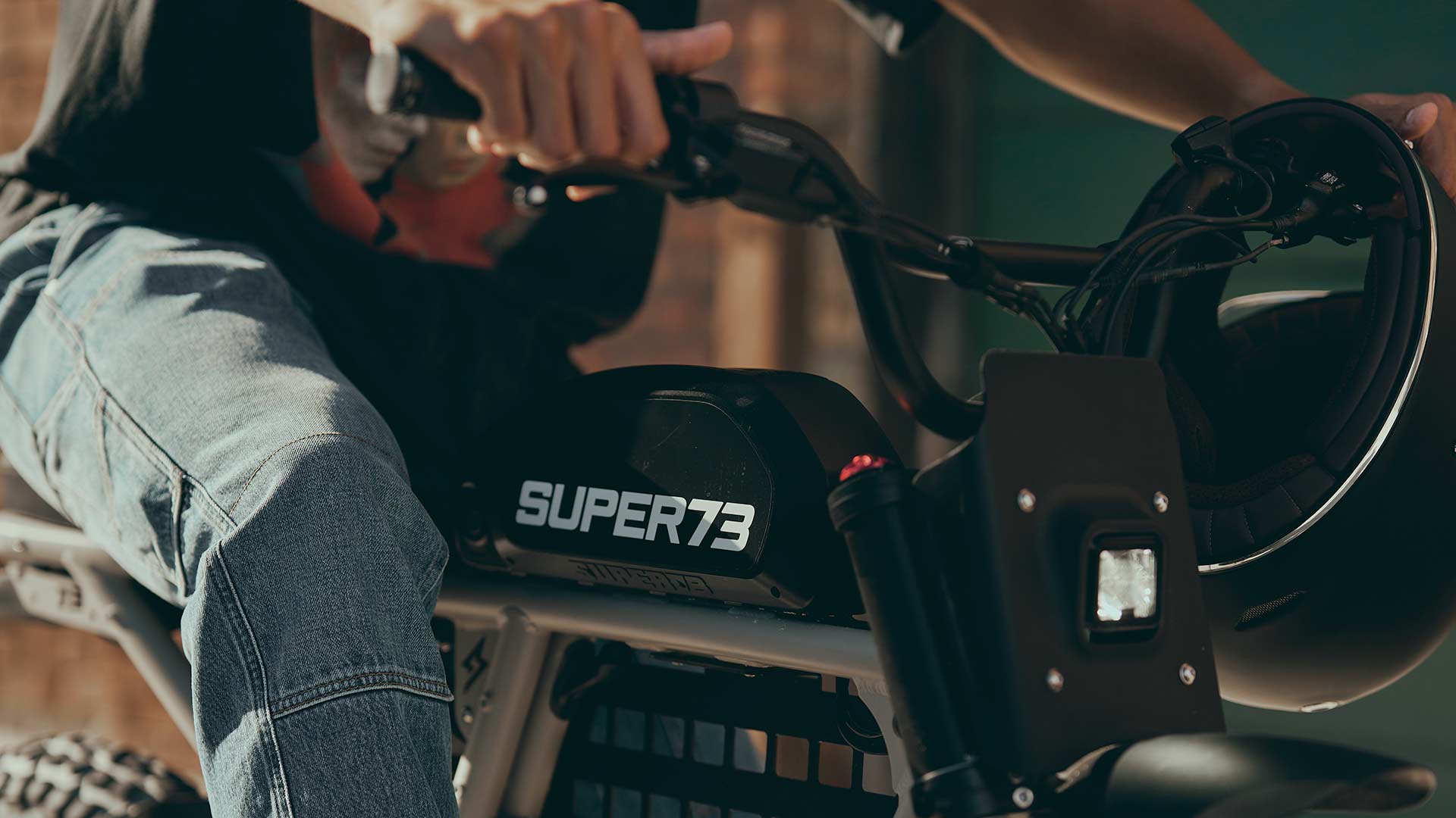 Closeup of the removable battery on the Super73 ebike, located on top of the frame