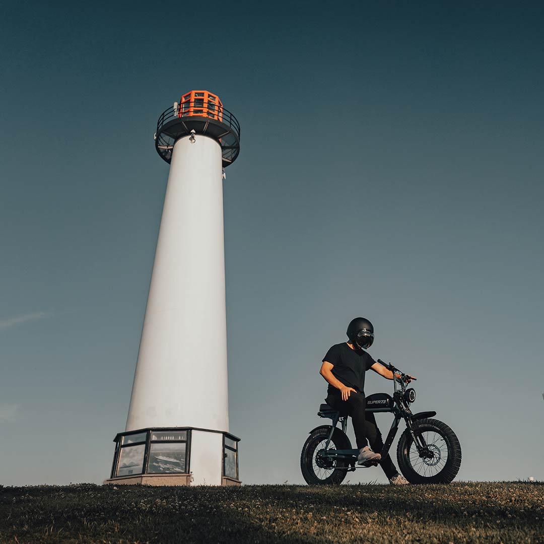 Super73 S2 ebike in front of light house