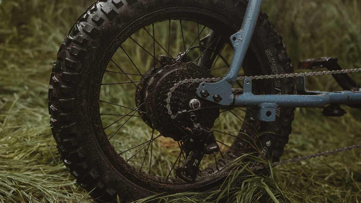 Closeup of the Super73-S Adventure Series ebike highlighting the 8-speed kit