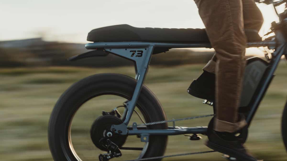 Closeup of the Super73-S Adventure Series ebike highlighting the extended seat