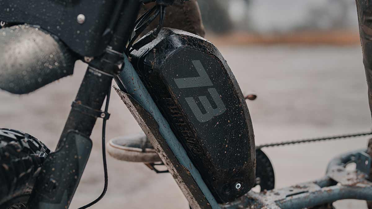 Closeup of the Super73-S Adventure Series ebike highlighting the repositioned battery