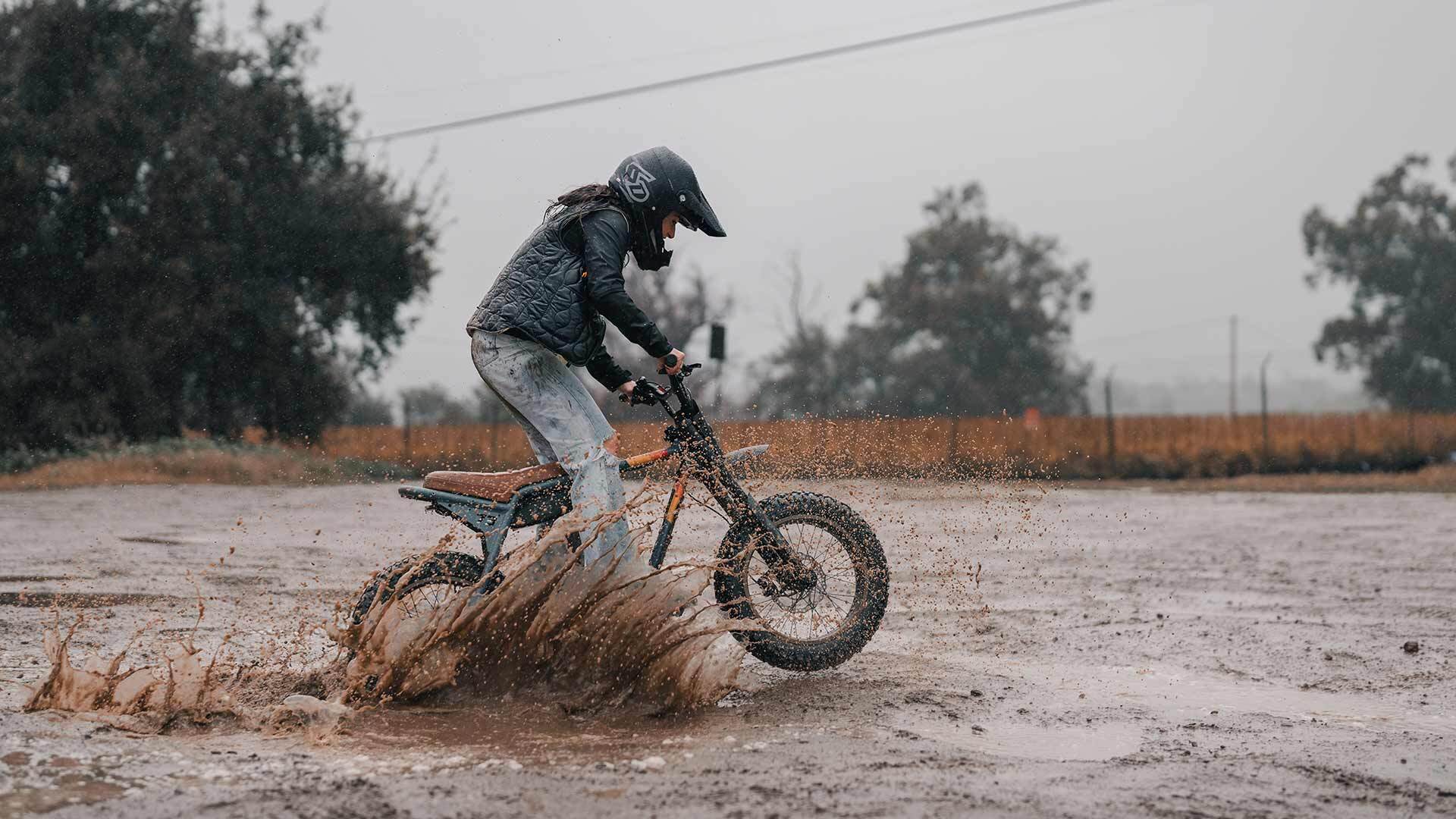 Rider in the mud on a Super73-Z Adventure Series ebike