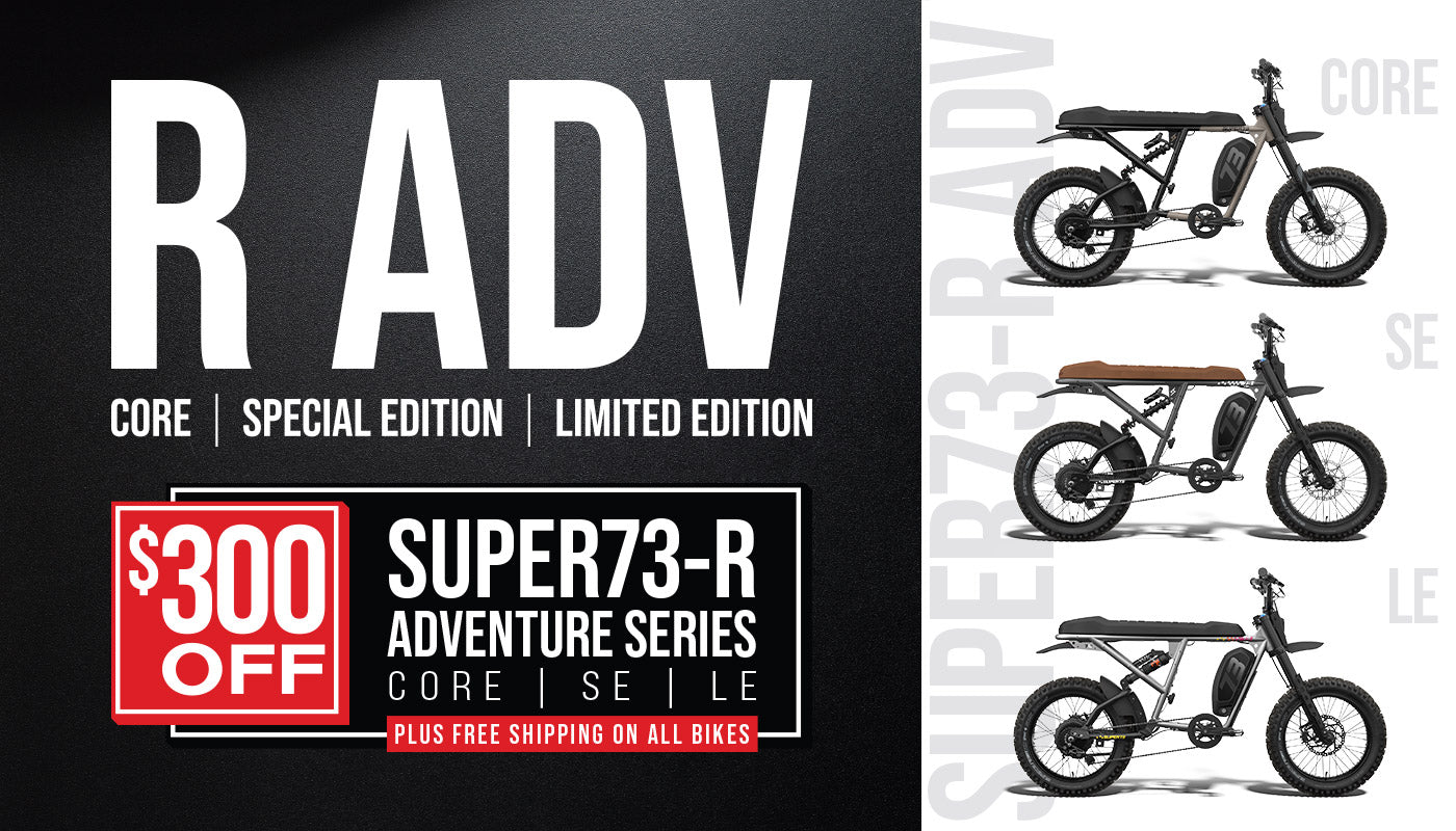 Promotional graphic detailing $300 off the R Adventure Series Core, SE, and LE model bikes plus free shipping on all models. Click to shop the R Series.