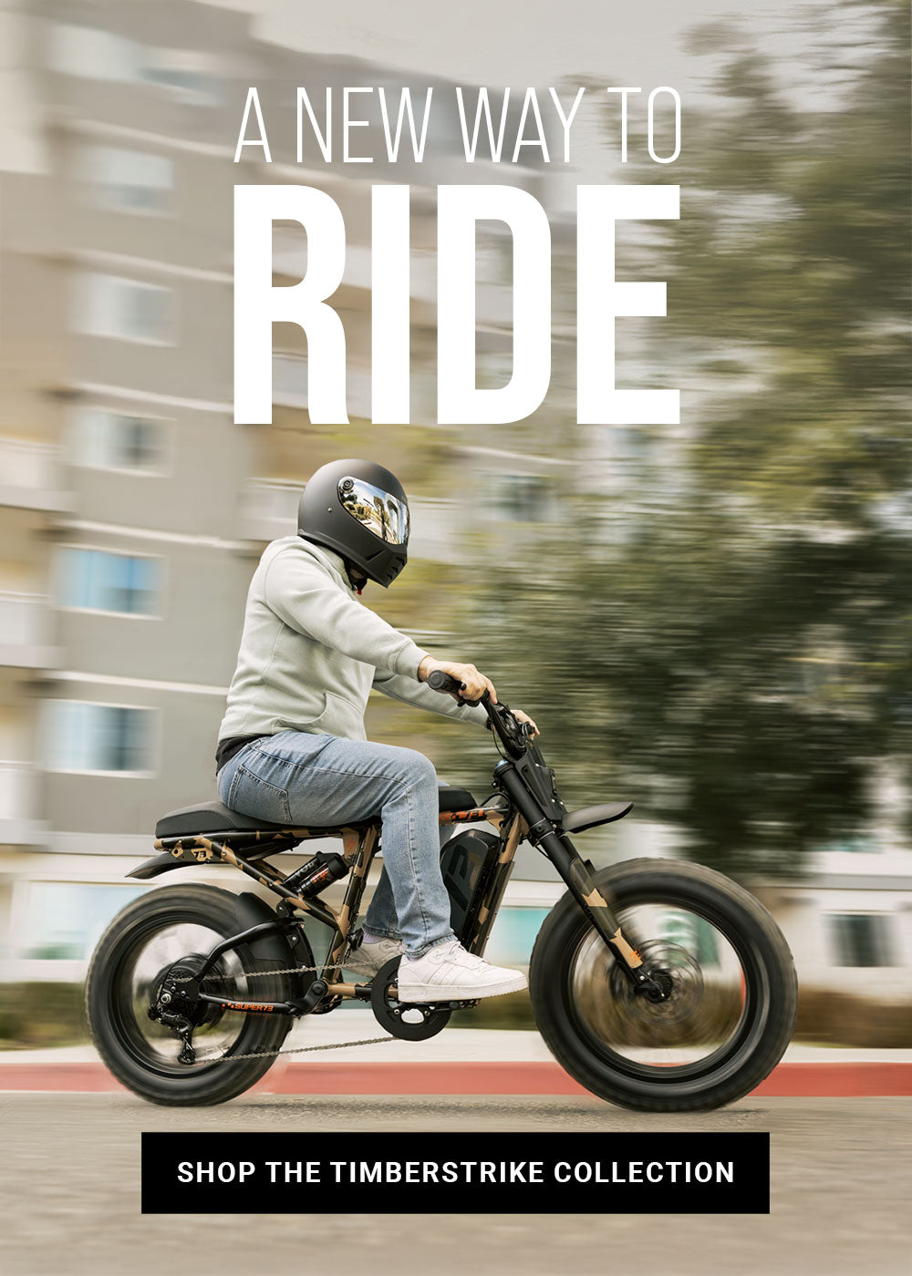 Lifestyle image of a man in a helmet riding the SUPER73-R Adventure Series LE ebike in Timberstrike