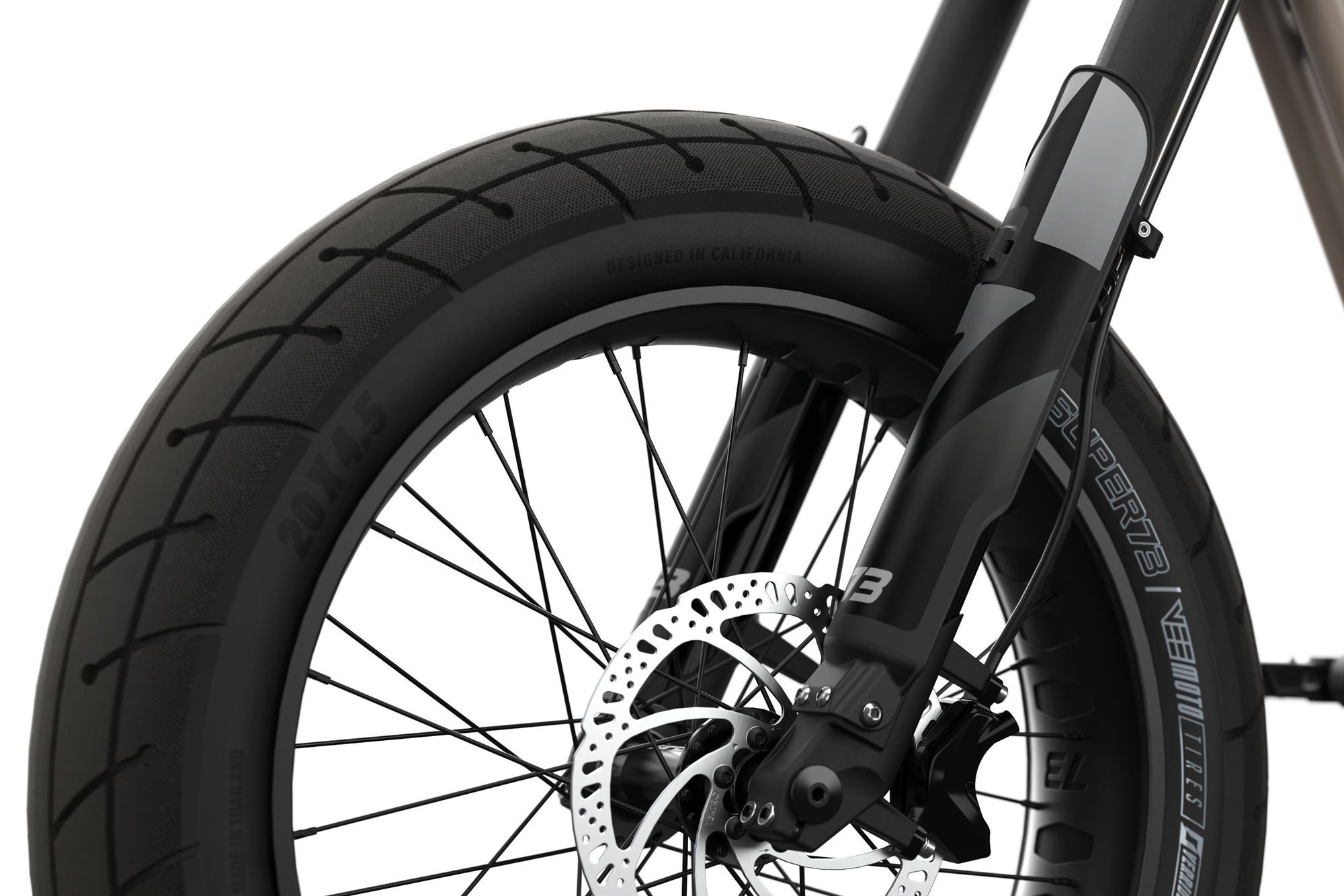 Closeup view of R Brooklyn: Dark Earth, SUPER73 ebike LZRD tires.