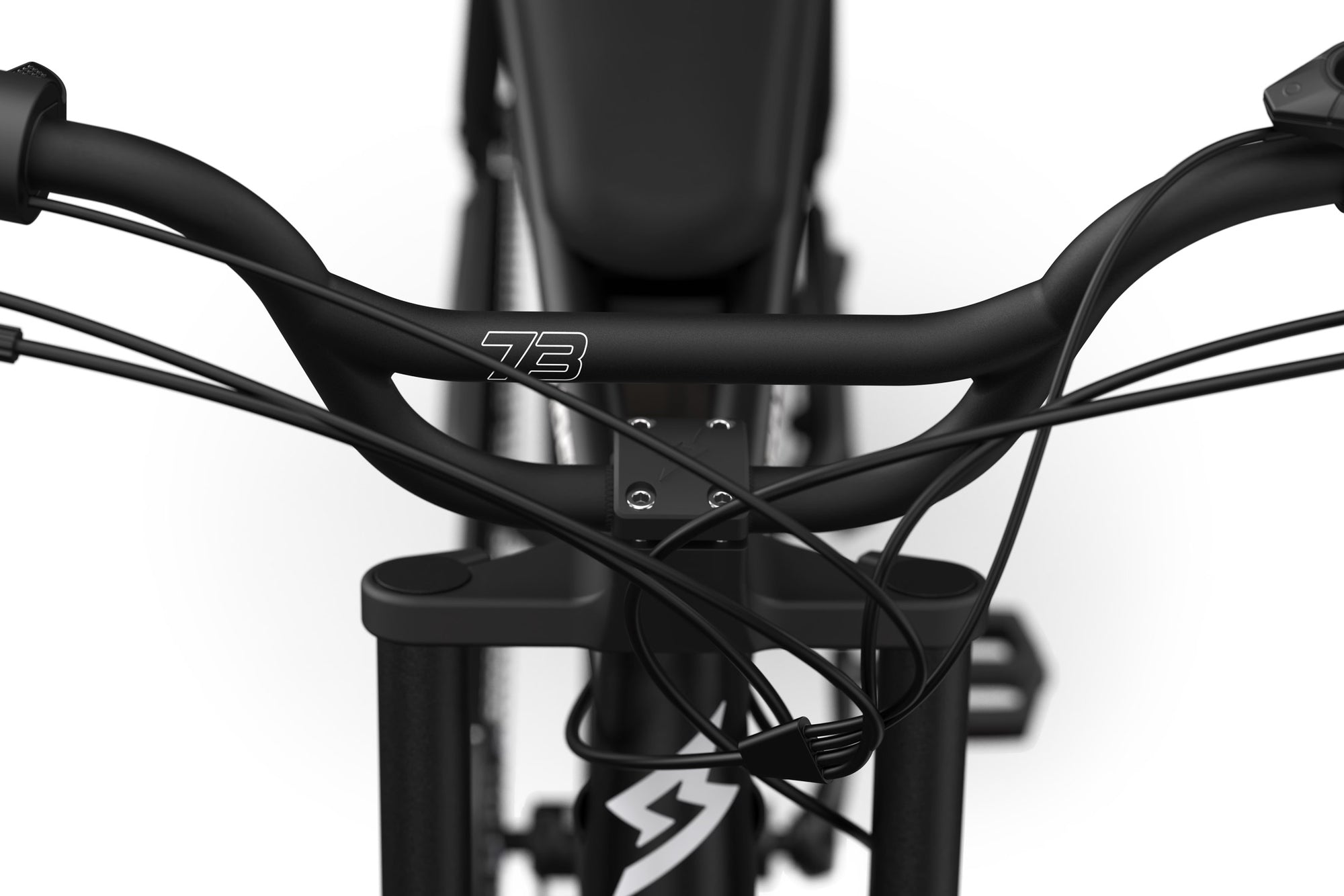 Closeup of the SUPER73-ZX in Obsidian handlebars front view.