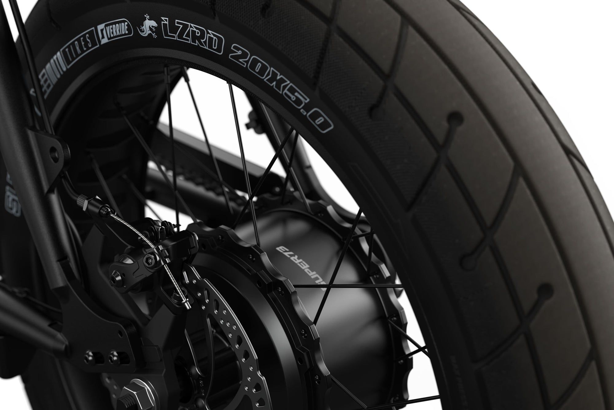 Closeup of the SUPER73-ZX in Obsidian LZRD Tires.