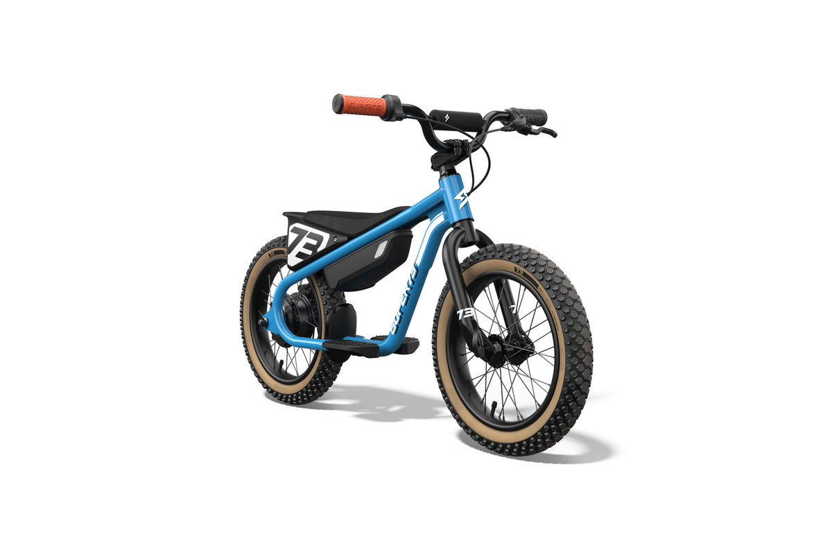 Front view of the K1D ebike in Blu Tang. @color_blu tang