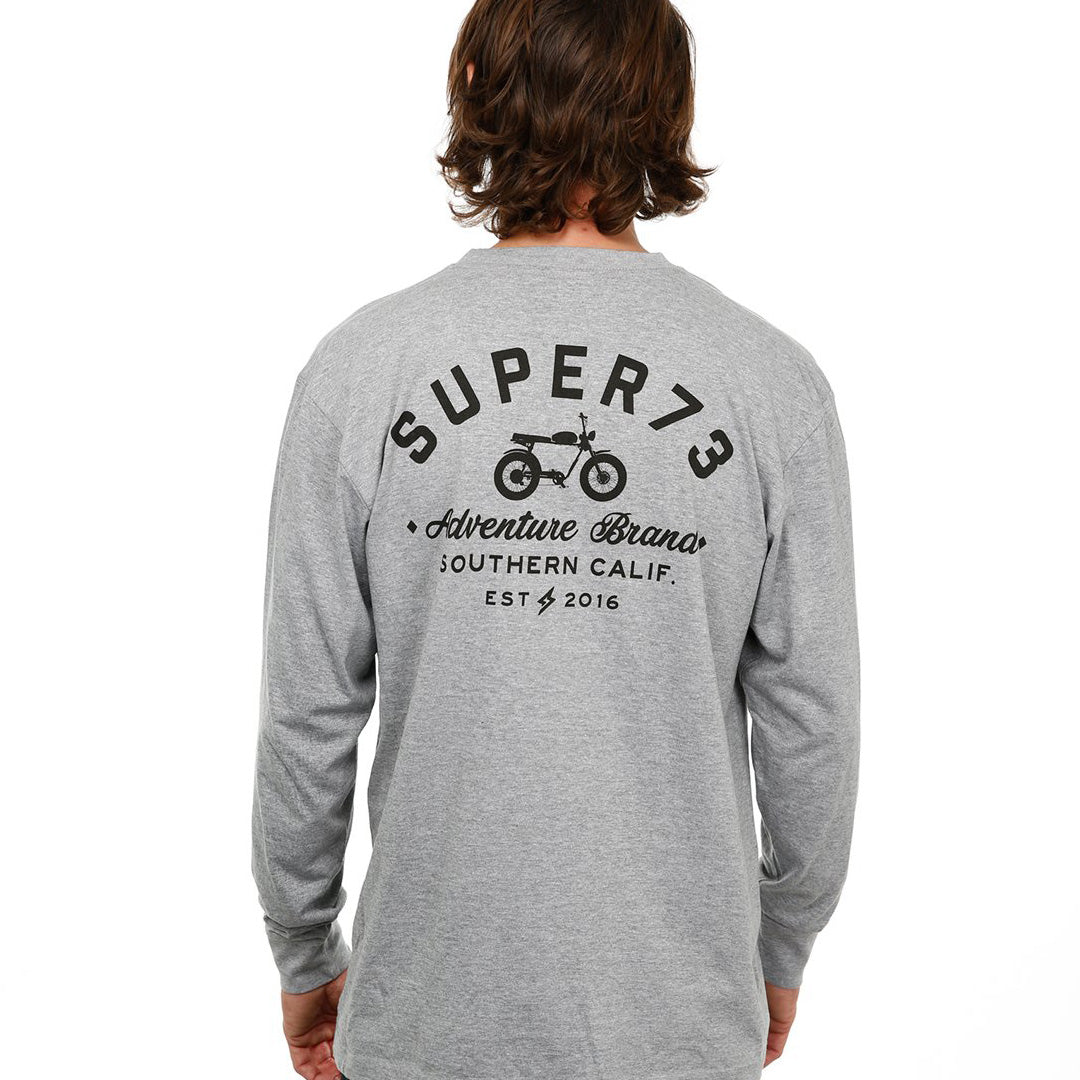 Back view of Male model in Heather Adventure Long Sleeve T-Shirt on white background.