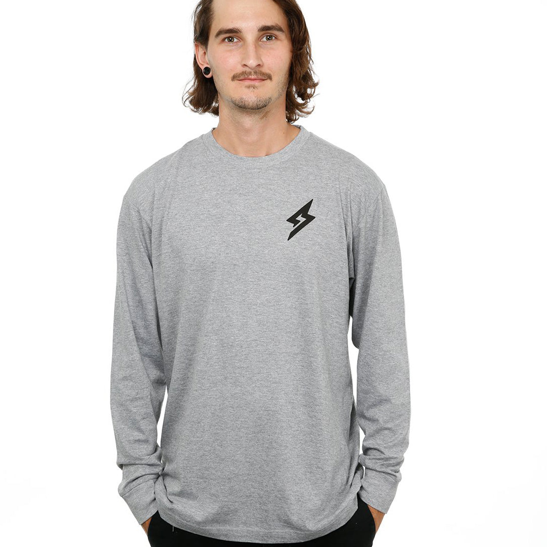 Front view of Male model in Heather Adventure Long Sleeve T-Shirt on white background.