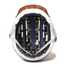 Inside  view of Blue Chapter MIPS Helmet by Thousand with tortoise shell visor on white background.