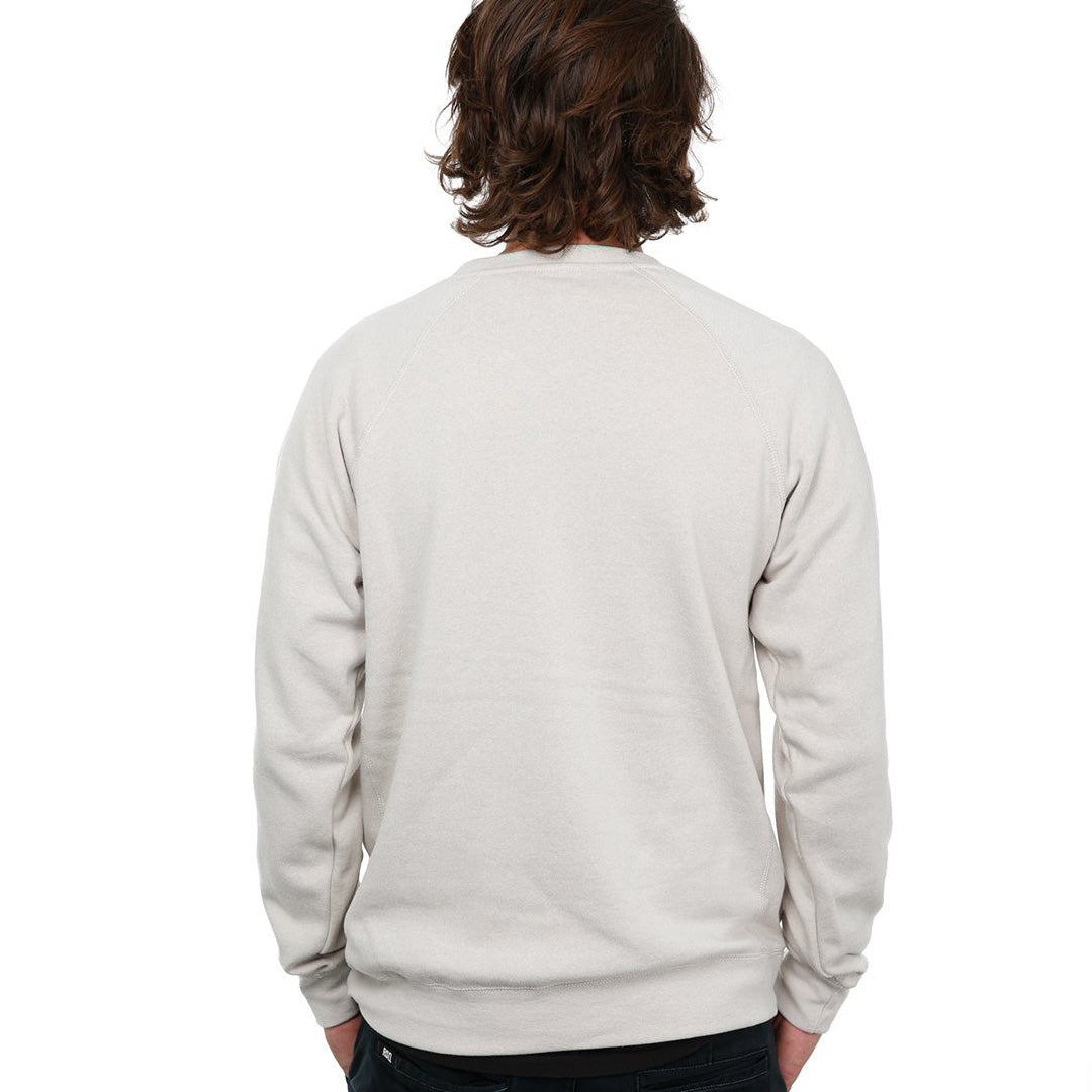 Back view of male model in Stone Classic Crew Sweatshirt on white background.