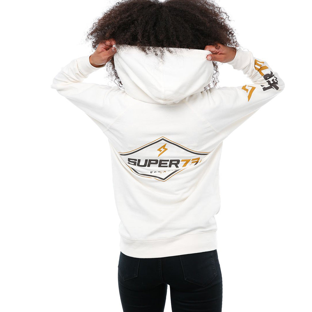 Back view of female model in Diamond stone hoodie on white background.