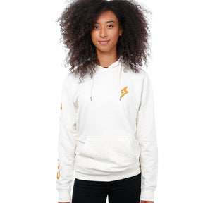 Front view of female model in Diamond stone hoodie on white background.