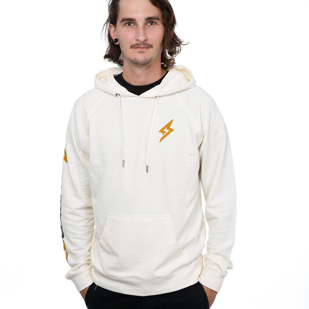 Front view of male model in Diamond stone hoodie on white background.