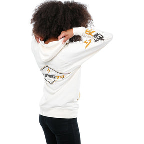 Side view of female model in Diamond stone hoodie on white background.